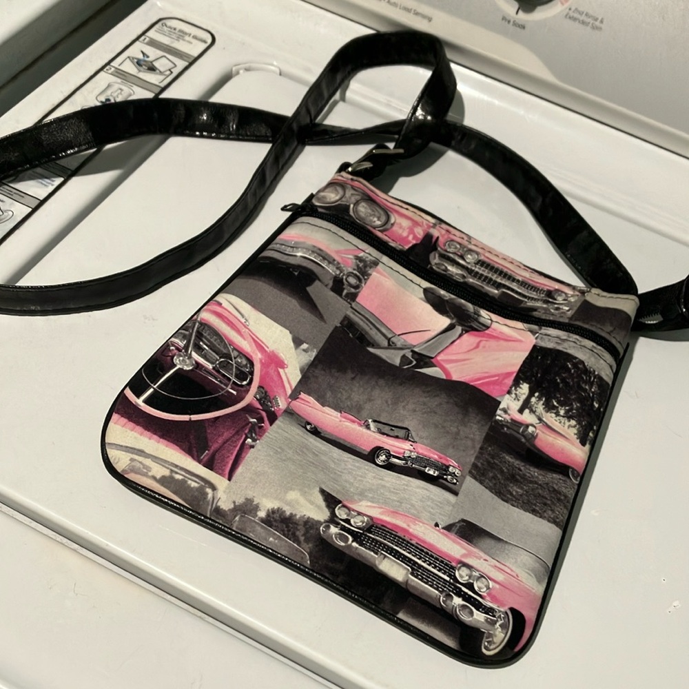 Vintage Car Print Crossbody Bag - Pink and Black retro 50s